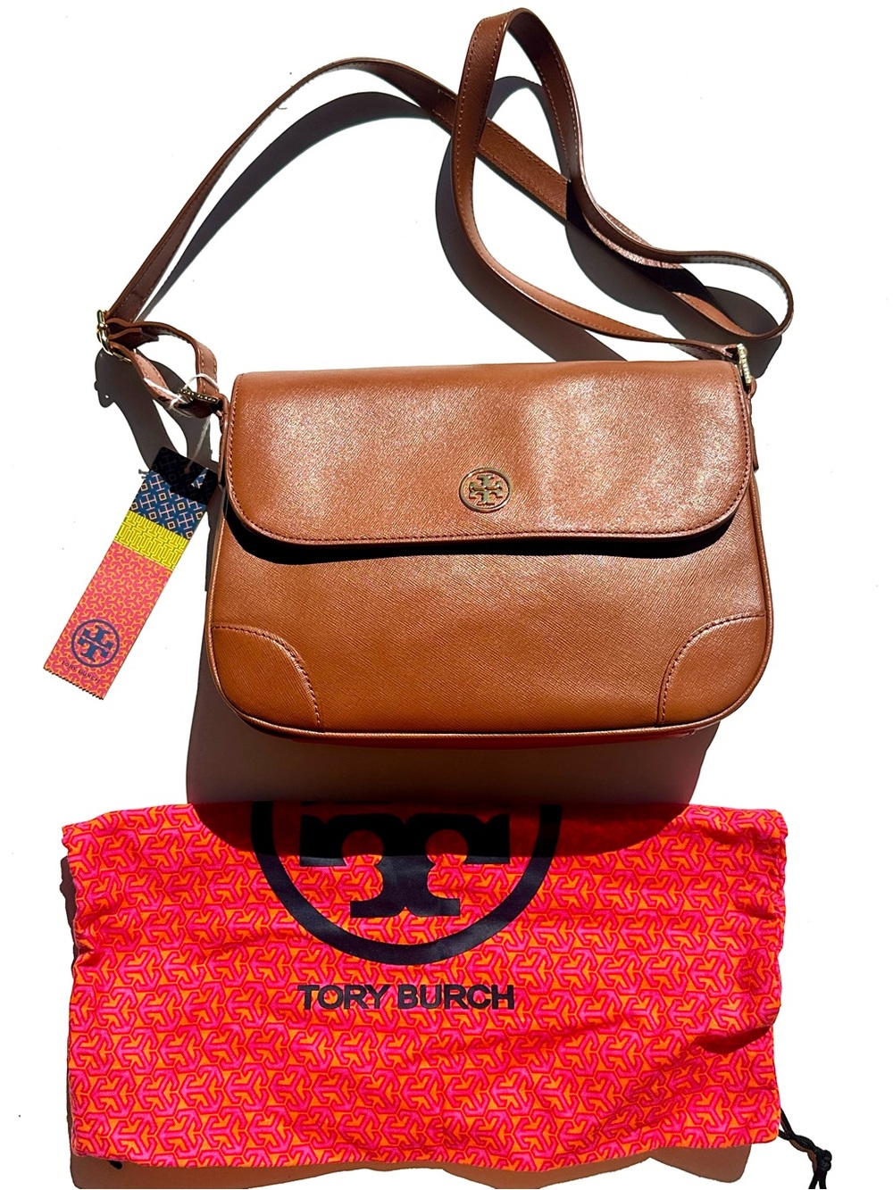 NWT Tory Burch ROBINSON TRIPLE GUSSET CROSSBODY Brown Leather Gold Logo Flap Bag